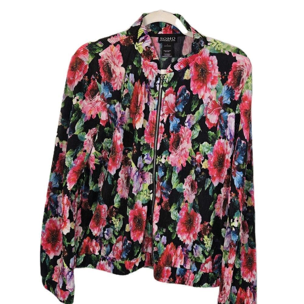 Soho Floral Print Pleated Zip-up Jacket LARGE Farmhouse Cottage Peasant Lightwei - Picture 1 of 8